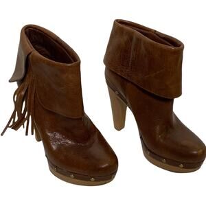 INC Brown Leather Fringe Wood Platform Ankle Boot‎ 8 Studded Boho Festival Folk